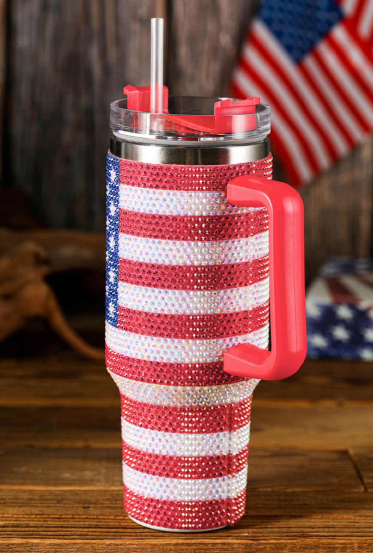 Red Rhinestone American Flag 40 oz Tumbler