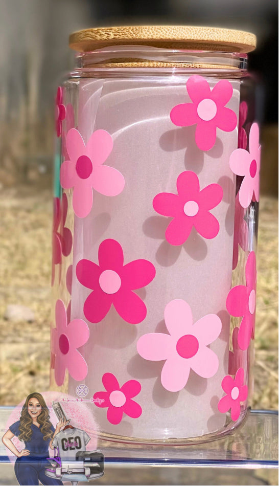 Pink Retro Flowers Glass Tumbler