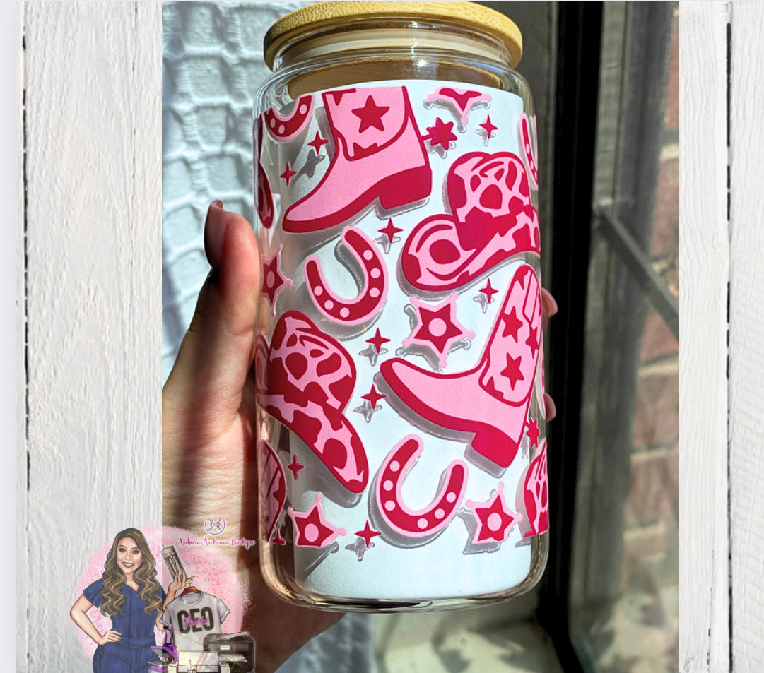 Pink Cow Girl Clear Libbey Cup
