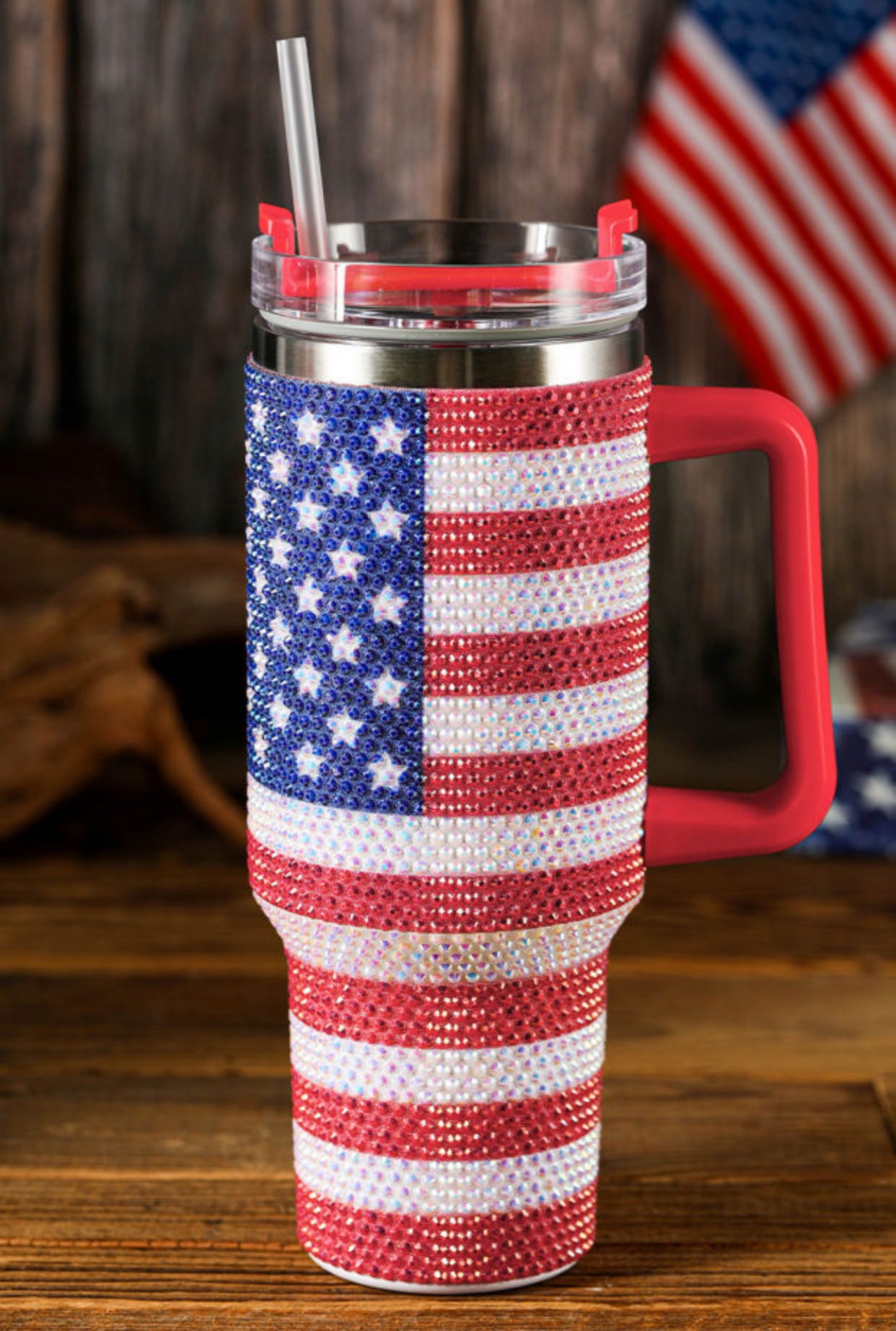 Red Rhinestone American Flag 40 oz Tumbler
