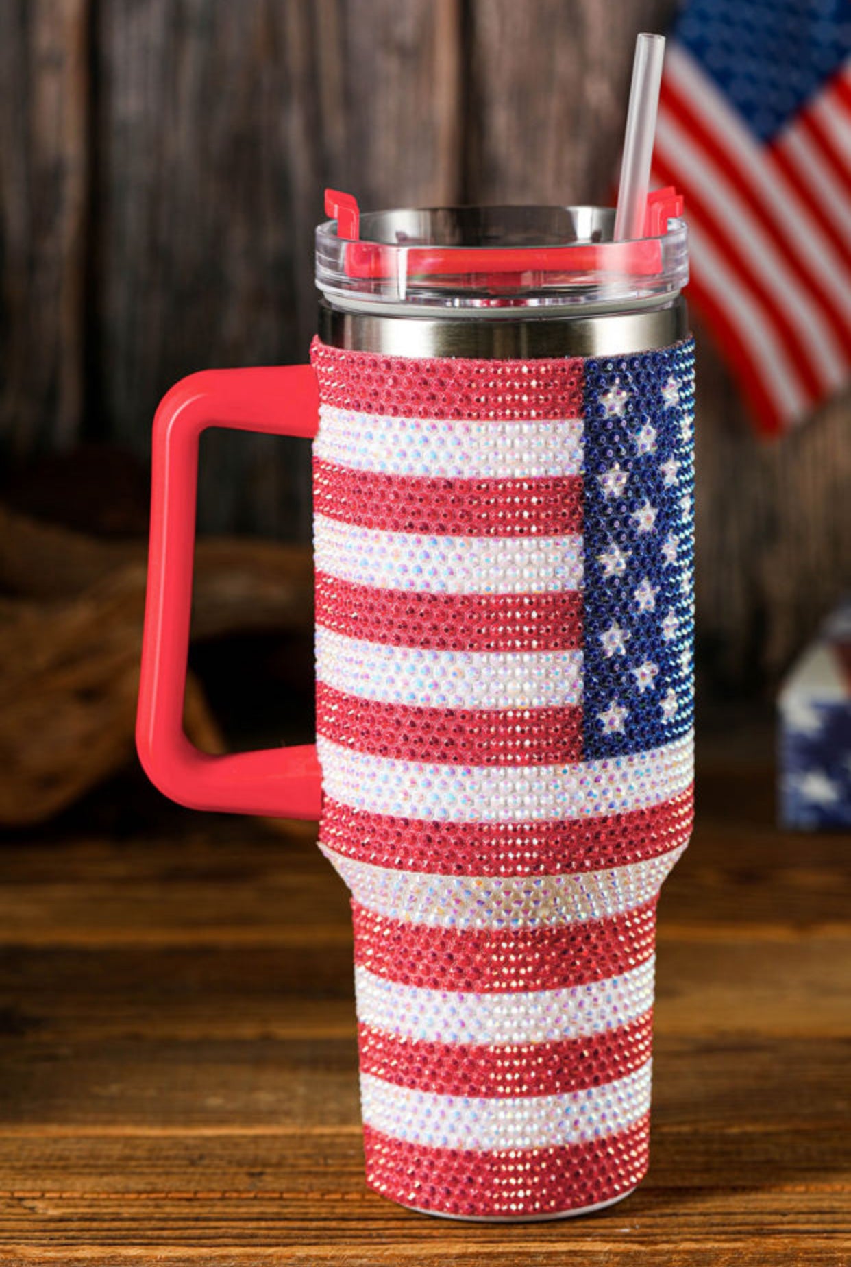 Red Rhinestone American Flag 40 oz Tumbler