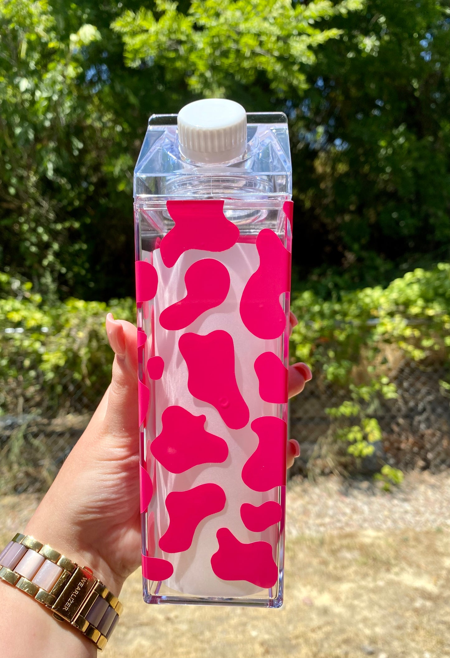 Pink Cow Print Milk Carton Water Bottle RTS